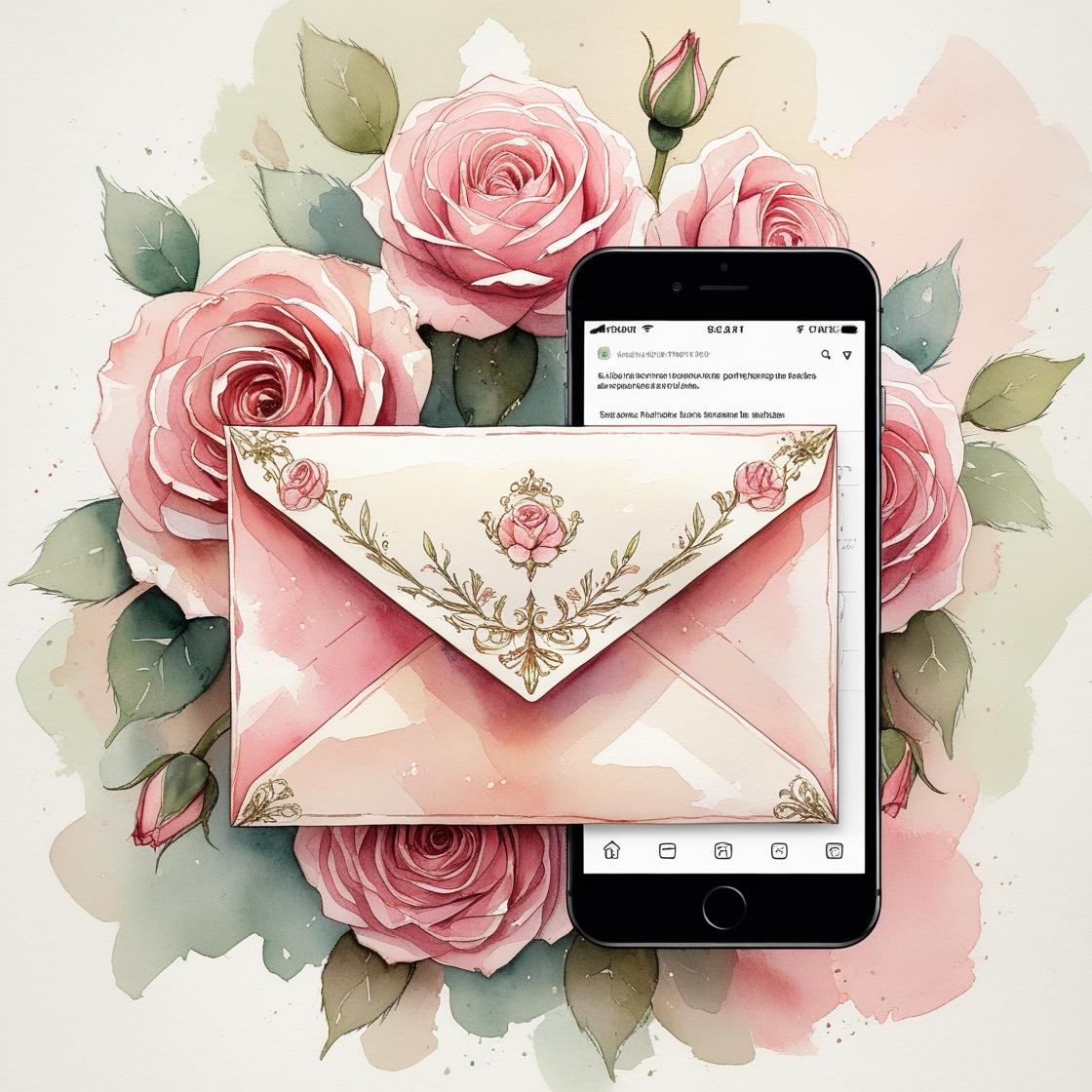 An ornate and beautiful watercolor graphic image of an envelope with pink roses in the background. Envelope to look like it's being sent through email on a phone. Feminine. An ornate and beautiful watercolor graphic image of an envelope with pink roses in the background. Envelope to look like it's being sent through email on a phone. Feminine.