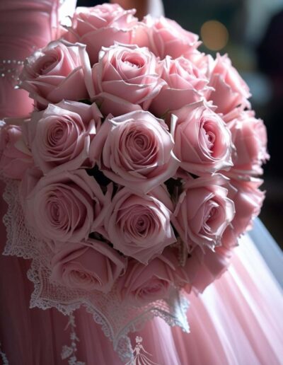 Pink Paris quinceanera theme bouquet with soft light pink roses and lace.