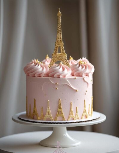 Pink Paris quinceanera theme cake small one layer cake with eiffel tower on top
