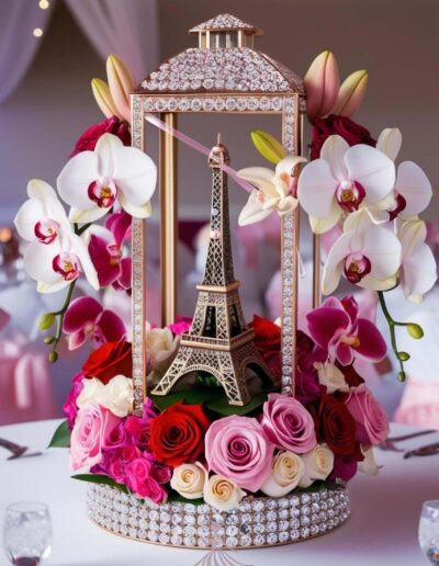 Pink Paris quinceanera theme centerpiece idea of eiffel tower decorated with flowers and diamond looking stones at the base and the top.