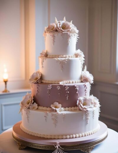 Pink Paris quinceanera theme four tiered cake in white and pink with delicate flower decorations.