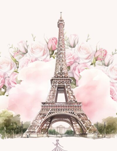 Pink Paris quinceanera theme invitation eiffel tower back view