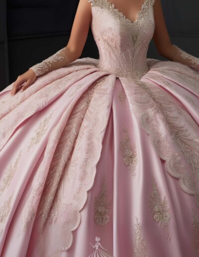 Pink Paris quinceanera theme quinceanera dress in light pink with silver decor and silver stones.