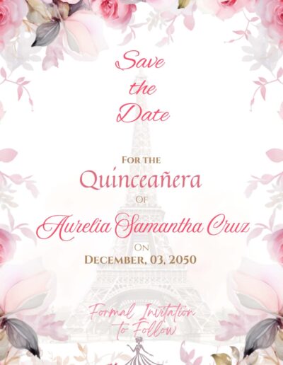 Pink Paris quinceanera theme save the date front view