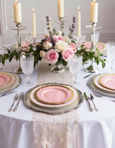 Pink Paris quinceanera theme table setting with beige lace across the circular table that has a white tablecloth. five lit candles and a pink and white rose centerpiece that sits at the center of the table surrounded by beautiful table setting containing plates and saucers and forks, knives and spoons as well as crystal wine glasses.