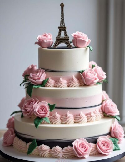 Pink Paris quinceanera theme three tiered cake white, pink and black accent with pink roses and eiffel tower on top.
