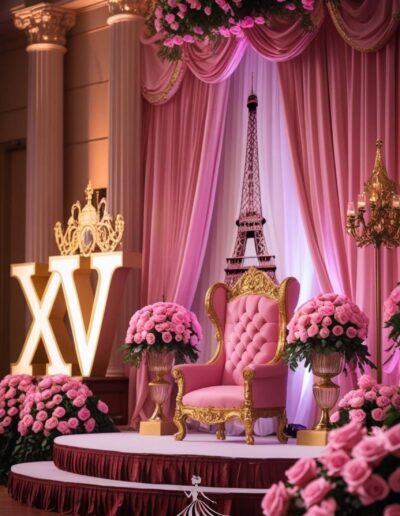 Pink Paris quinceanera theme throne idea pink with roses decorating the top along with pink curtains begind the throne. the letters XV to the left in gold and white, with a tiara on top, and pink roses surrounding the throne.