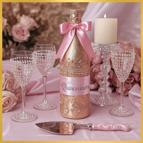 Decorated bottles and wine glasses quinceañera tradition