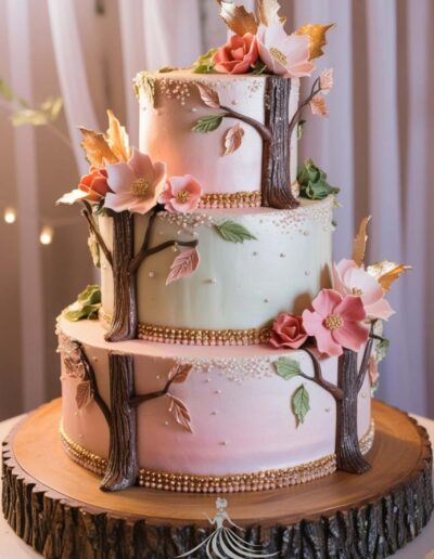 Enchanted forest cake light quinceañera theme with white fondant and light pink fondant, as well as pink flowers and tree trunks decorating around it.