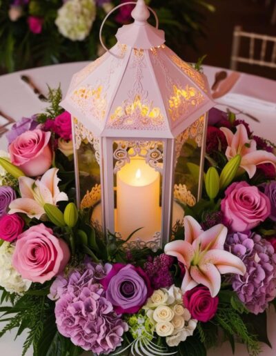 Enchanted forest centerpiece lantern light theme. White lantern with a candle inside surrounded by purple and pink flowers and greenery.