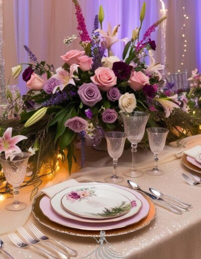 Enchanted forest pink purple decor along with white, seen on the roses and flowers, while a long greenery strip spreads across the table. pixie lights and wine glasses sit on the table as well as a fancy table setting, on a shimmery tablecloth.