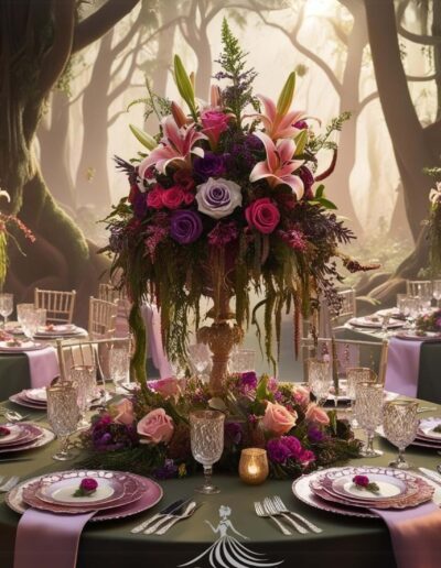 Enchanted forest quinceañera ideas table setting with tall centerpiece of roses and flowers with greenery draping down, the background is of trees, and the table setting is fancy with utensils and plates, as well as pretty wine glasses.