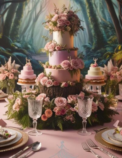 Enchanted forest quinceañera light theme with light pink and white as well as greenery. a three tiered cake sits at the middle of the circular table with two smaller tired cakes on each side, while the table has a light pink table cloth and plates along with silverware next to each plate.