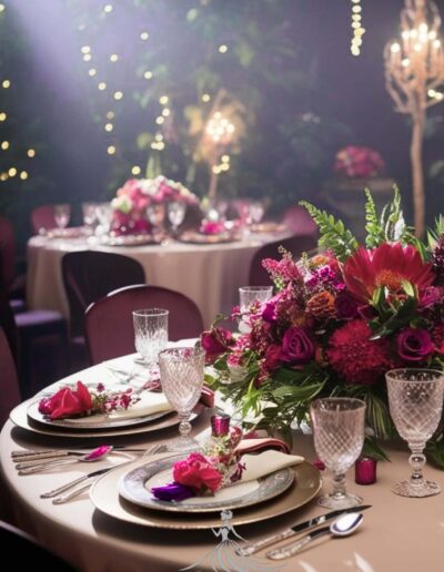Enchanted forest quinceañera theme surreal setting of tables with pixie light hanging. flower centerpieces, plates, silverware, and wine glasses. tablecloth is a pale mauve color.