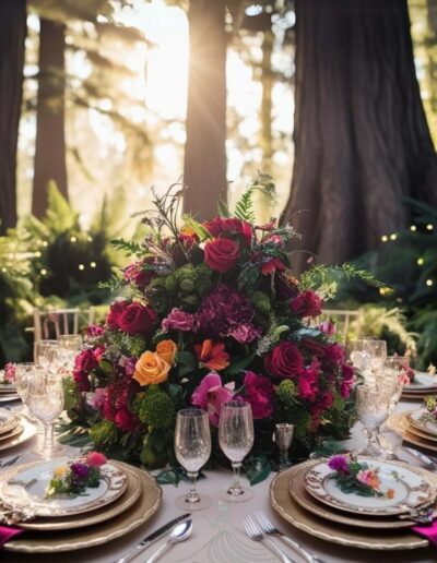 Enchanted forest table setting idea quinceanera surreal decor with burgundy, yellow, and pink roses with lots of greenery in the center of the table and gold plates and saucers decorated with roses while we see forks, spoons, and knives, as well as wine glasses. in the background we see trees as the sun sets.