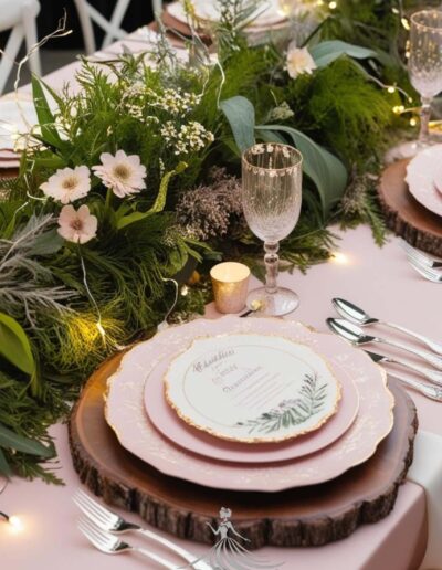Enchanted forest woods table setting with mostly greenery and a few beige flowers, a wine glass with gold accents and plates and silverware. there are small candles and pixie lights decorating the table and greenery.