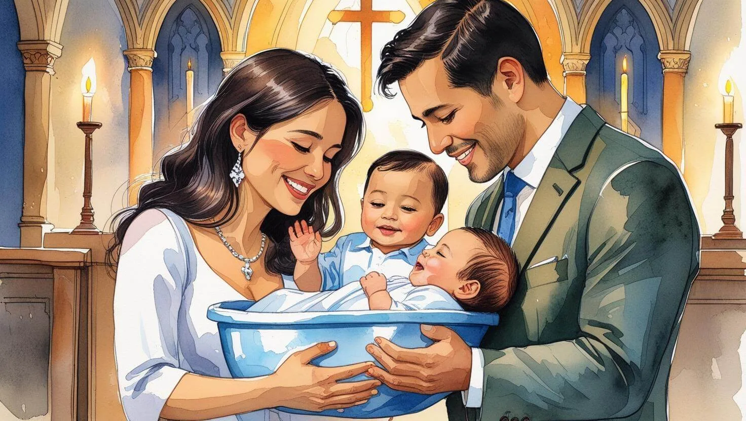 hispanic family baptism of a baby in a church. watercolor image.