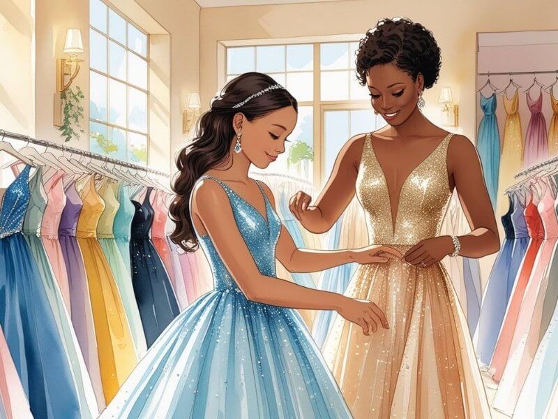 quinceañera to be and madrina to be dress shopping in a watercolor image.