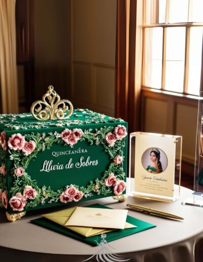 Lluvia de sobres green box with a picture of the quinceañera to the right and gold and green envelopes sit on the table with a gold pen sitting to the side.