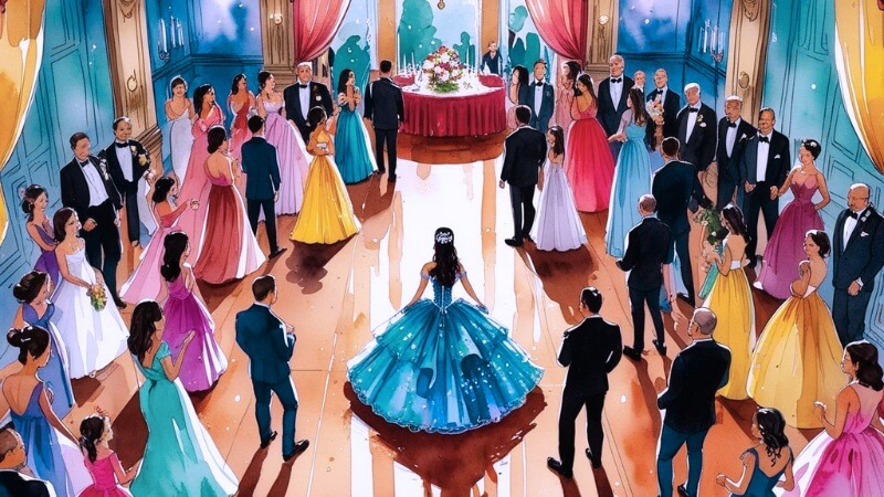 Quinceanera ball showing colorful bird's eye view picture of the quince event.