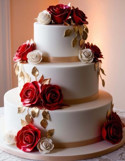 White red roses quinceanera cake three tiered with shiny red and off white roses and gold ribbon smoothly across each layer. the table it sits on has lace tablecloth.