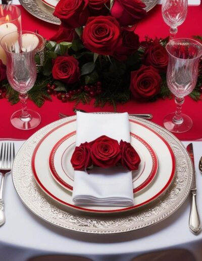 White red roses quinceanera table setting with red roses centerpiece, wine glasses, cutlery, and a white cloth napkin on the plates with res roses running across the cloth napkin. white tablecloth and red runner. Candle in the background.