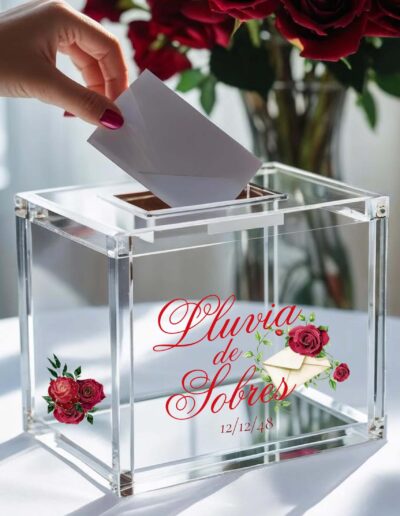 White red roses quinceanera theme lluvia de sobres clear plastic box decorated with red roases and the words lluvia de sobres on it. in the background are red roses and a hand dropping in a white enveope