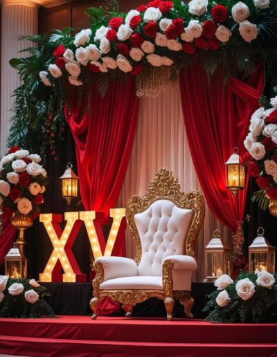 White red roses quinceanera throne. White throne with gold metal frame, white and red drapery and curtains behind, along with red and white roses across the top of the drapery. letters XV lit up to the left of the throne, and lamps and roses surrounding the throne. everything sits on a low stage with two steps leading to it.