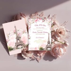 Pink paris quinceanera invitation mockup showing front and back sitting on top of flowers.