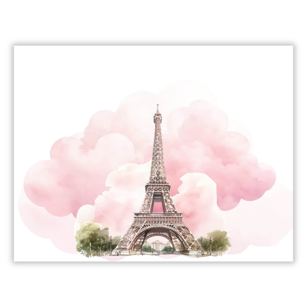 Pink paris quinceañera lluvia de sobres back card view of pink clouds and eiffel tower in watercolor.