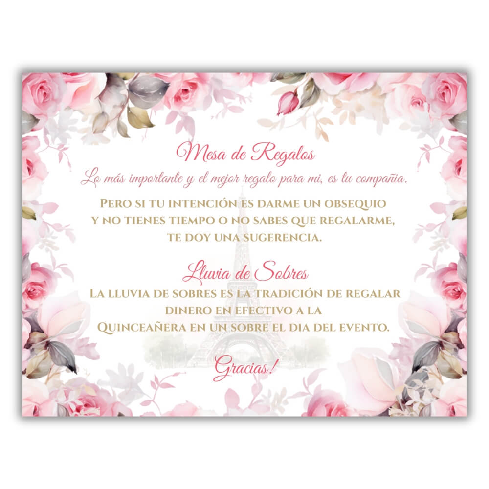 Pink paris quinceañera lluvia de sobres front of card which reads Mesa de relagos, lo mas importante y el mejor regalo para mi es tu compañia, pero si tu intencion es darme un obsequio y no tienes tiempo o no sabes que regalarme, te doy una sugerencia. LLuvia de Sobres. La lluvia de sobres es la tradicion de regalar dinero en efectivo a la quinceañera en un sobre el dia del evento. gracias!
