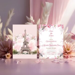Pink paris save the date mockup with the cards standing right up and pink background with pink flowers.