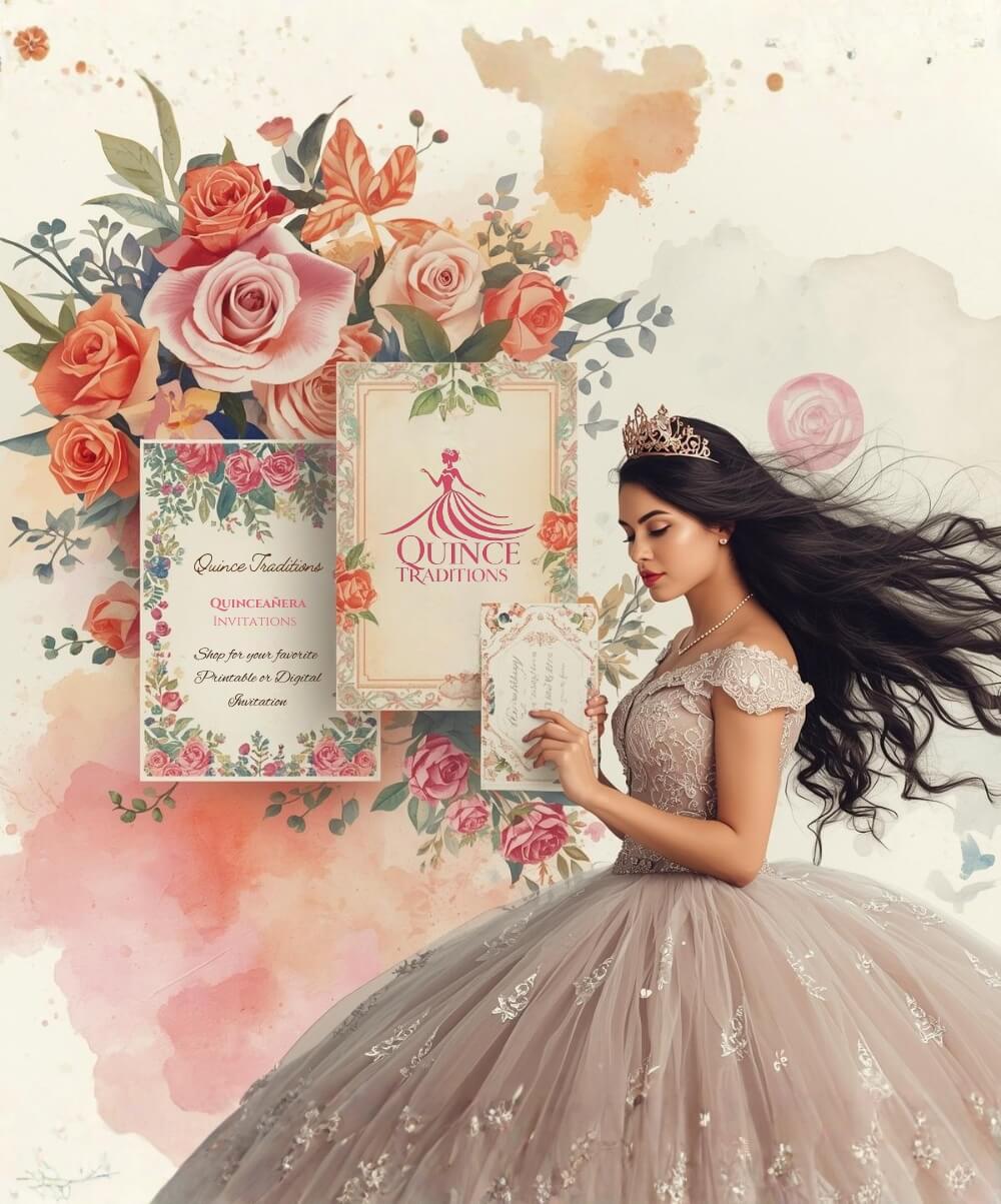 quince-traditions-invitation-home-quinceañera hispanic quinceañera with flowing dark hair and gold tiara, wearing a quinceañera dress with lace details in a beige, and champagne color, holding and inviation, while two more invitations float next to her and a watercolor floral design suspends in the background.