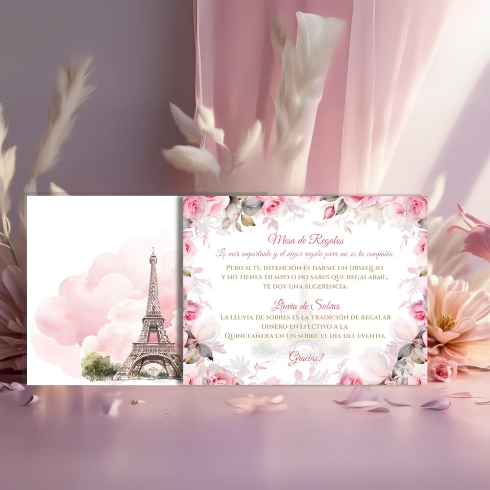 Quinceanera lluvia de sobres mockup cover pink paris with front and back view of cards showing. The back shows pink clouds and an eiffel tower and the front show a floral frame with eiffel tower background and text that read Mesa de Regalos, and LLuvia de Sobres. At the bottom it says Gracias. The rest of the text is too small to decipher from the image.