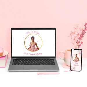 Pink and white paris theme quinceañera website on laptop and mobile