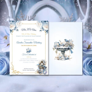 Winter wonderland quinceañera invitation front back view