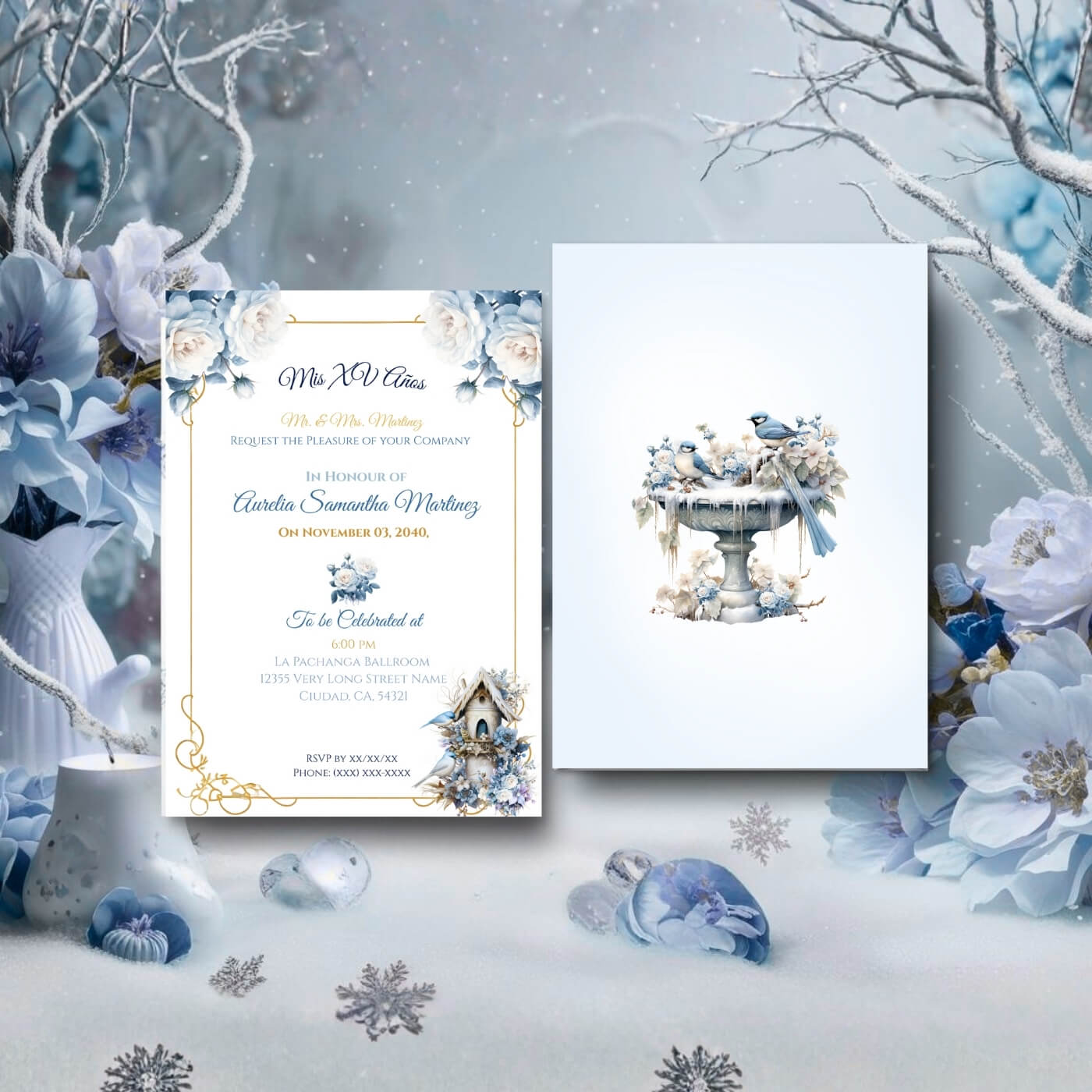 Winter wonderland quinceañera invitation front back view mockup