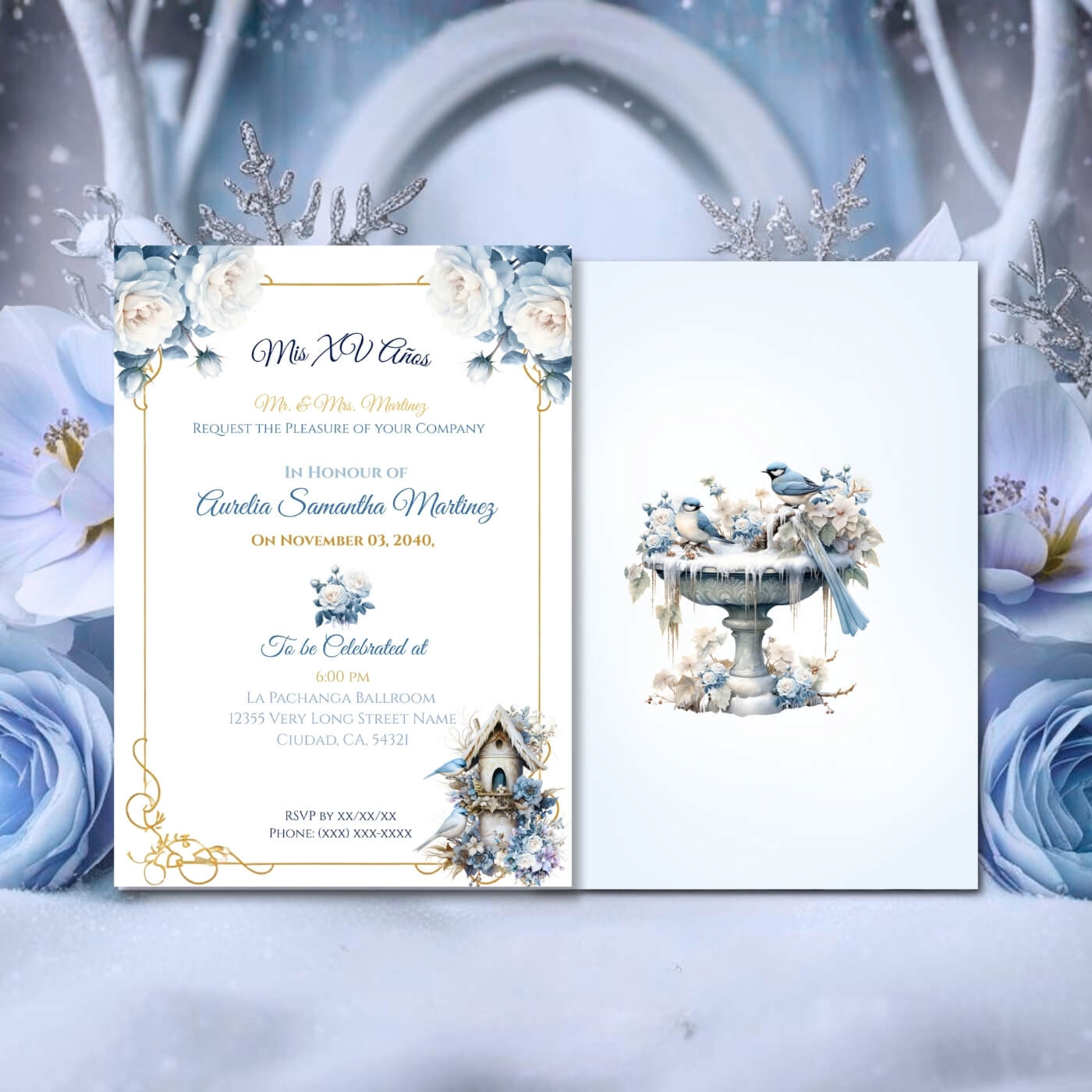 Winter wonderland quinceañera invitation front back view