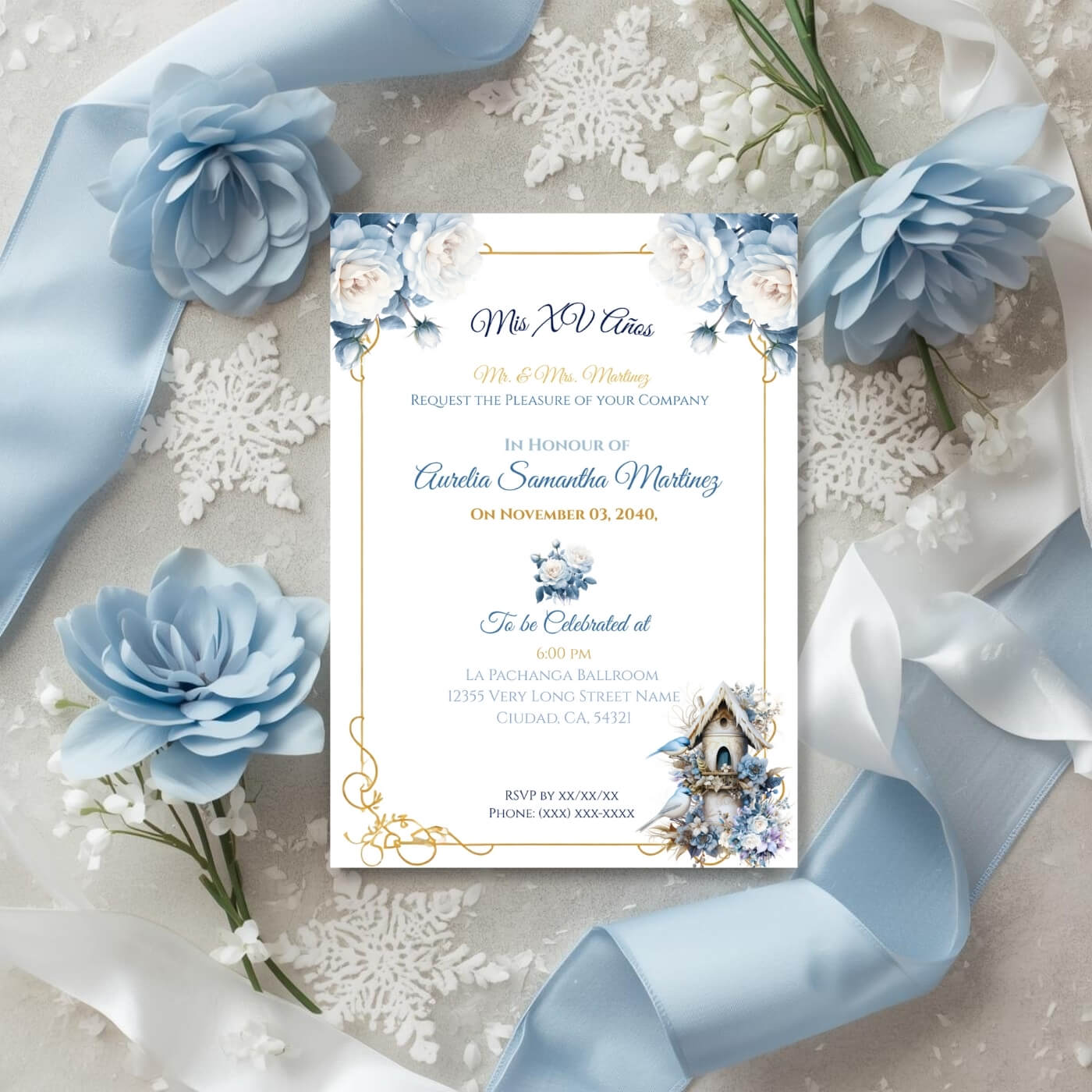 Winter wonderland quinceañera invitation front view with flowers