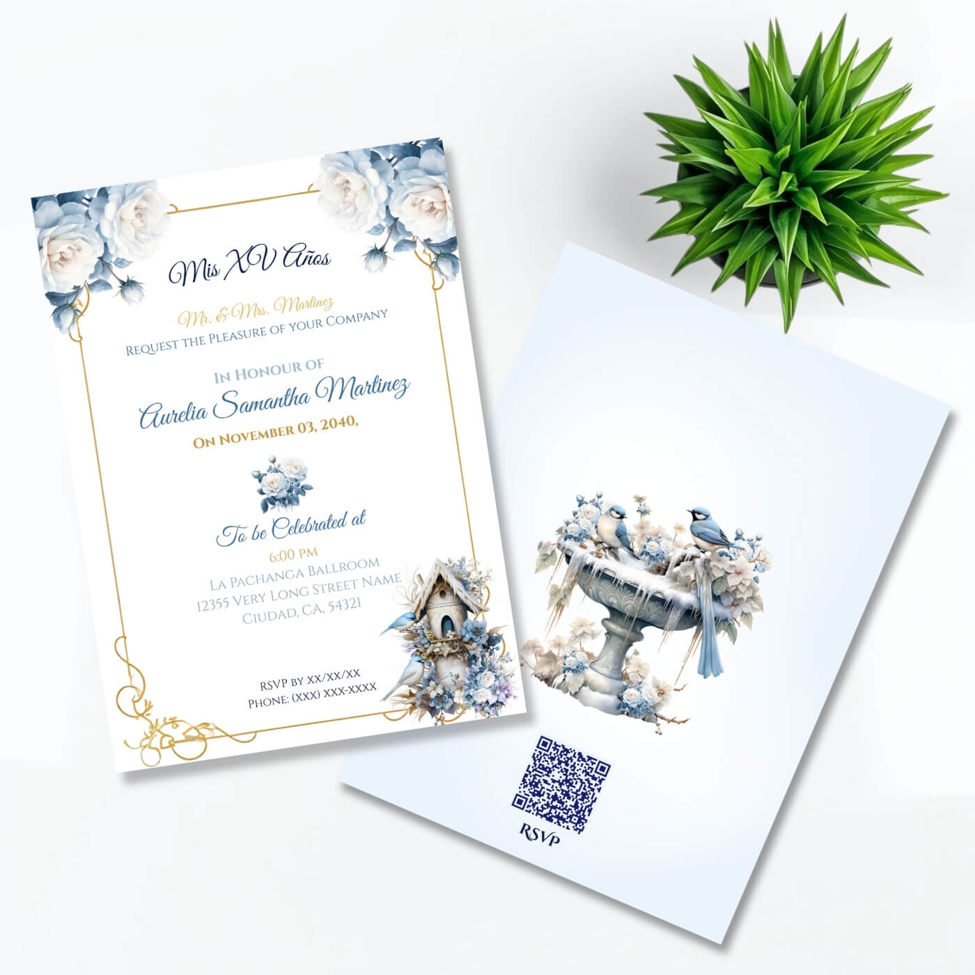 Winter wonderland quinceaƱera invitation qr code front back view top view