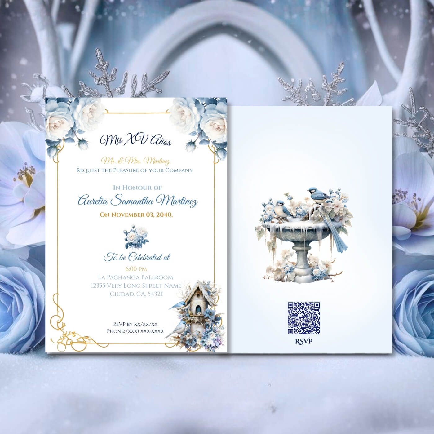 Winter wonderland quinceaƱera invitation qr code front back view