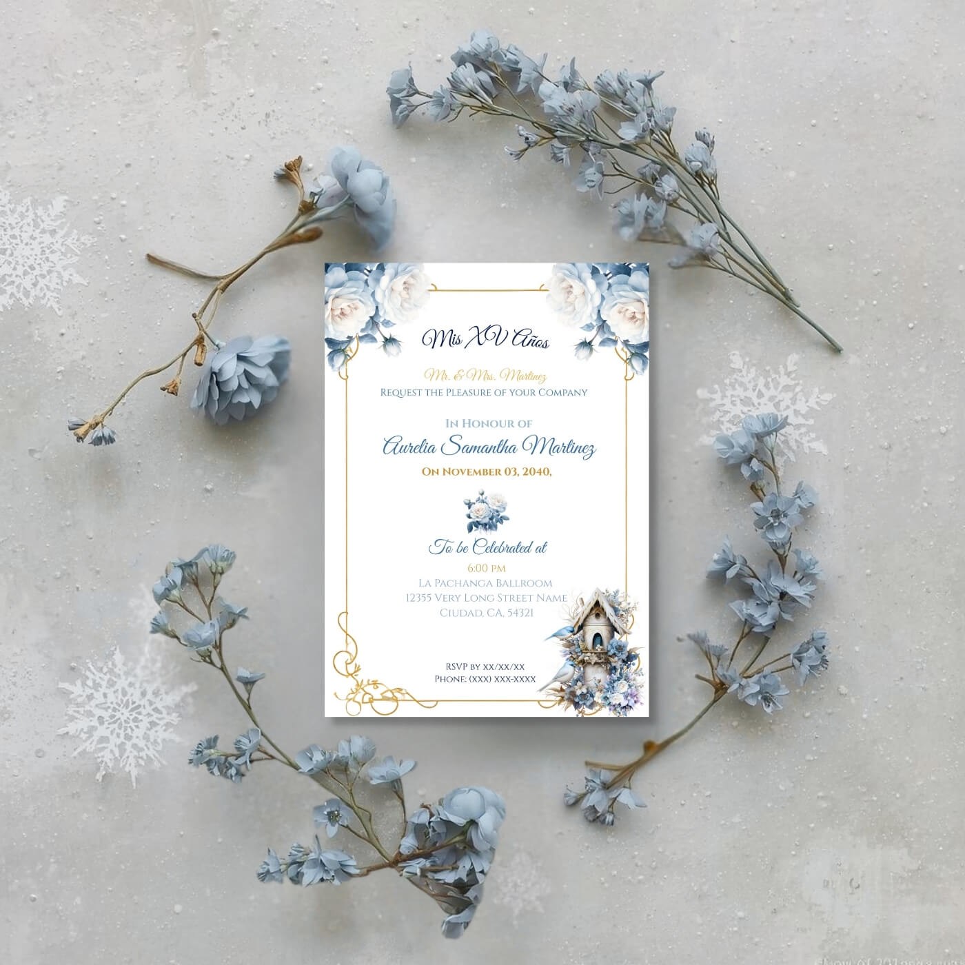 Winter wonderland quinceaƱera invitation qr code front view mockup