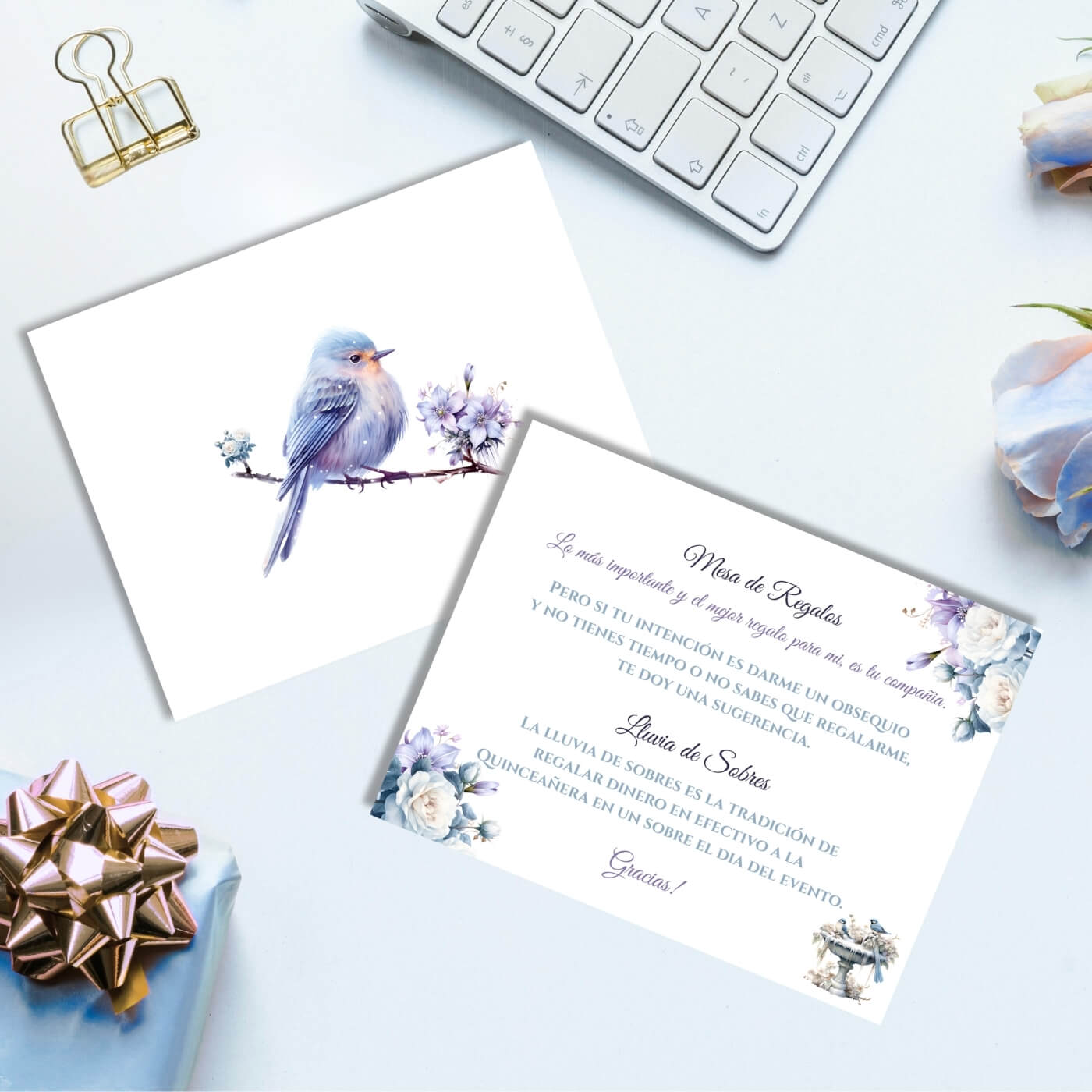 Winter wonderland quinceañera lluvia de sobres front back view top view