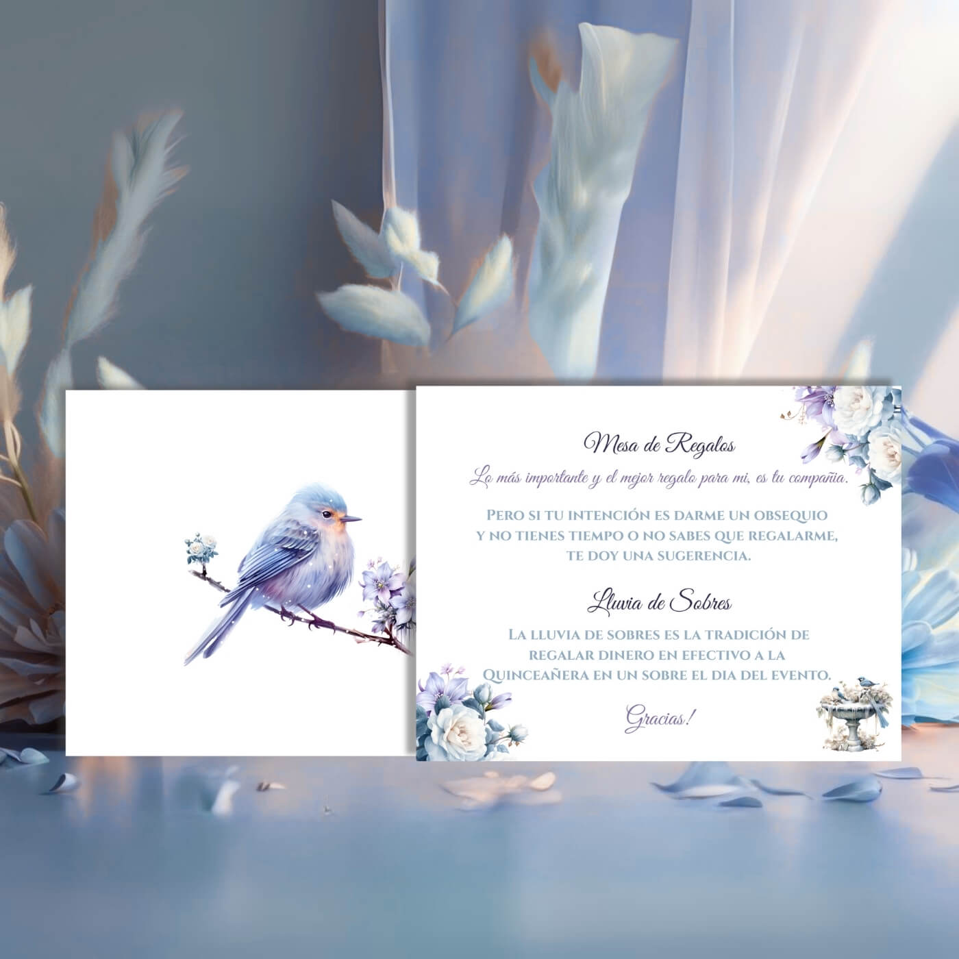 Winter wonderland quinceañera lluvia de sobres front back view