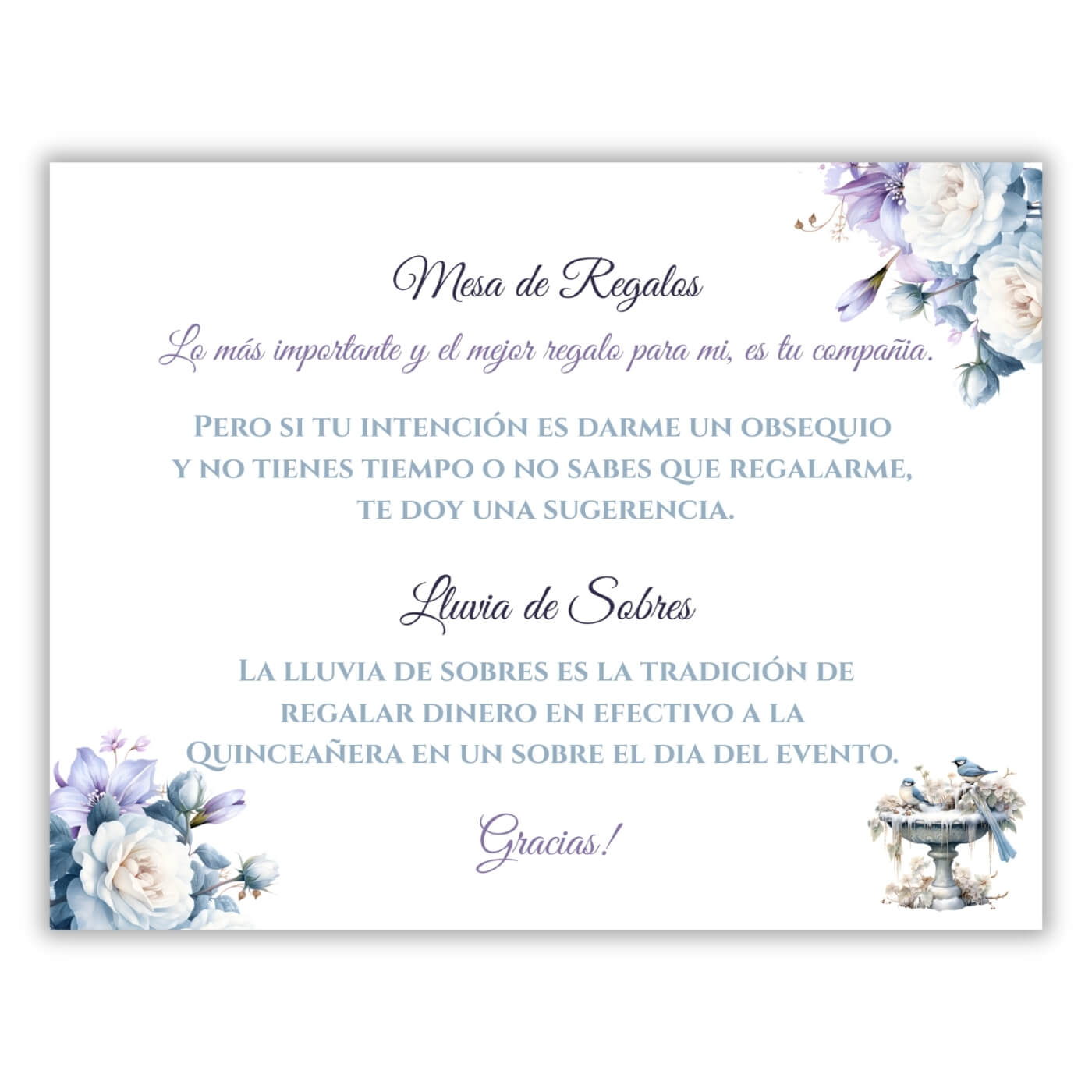 Winter wonderland quinceañera lluvia de sobres front view