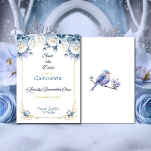 Winter wonderland quinceañera save the date qr code front back view