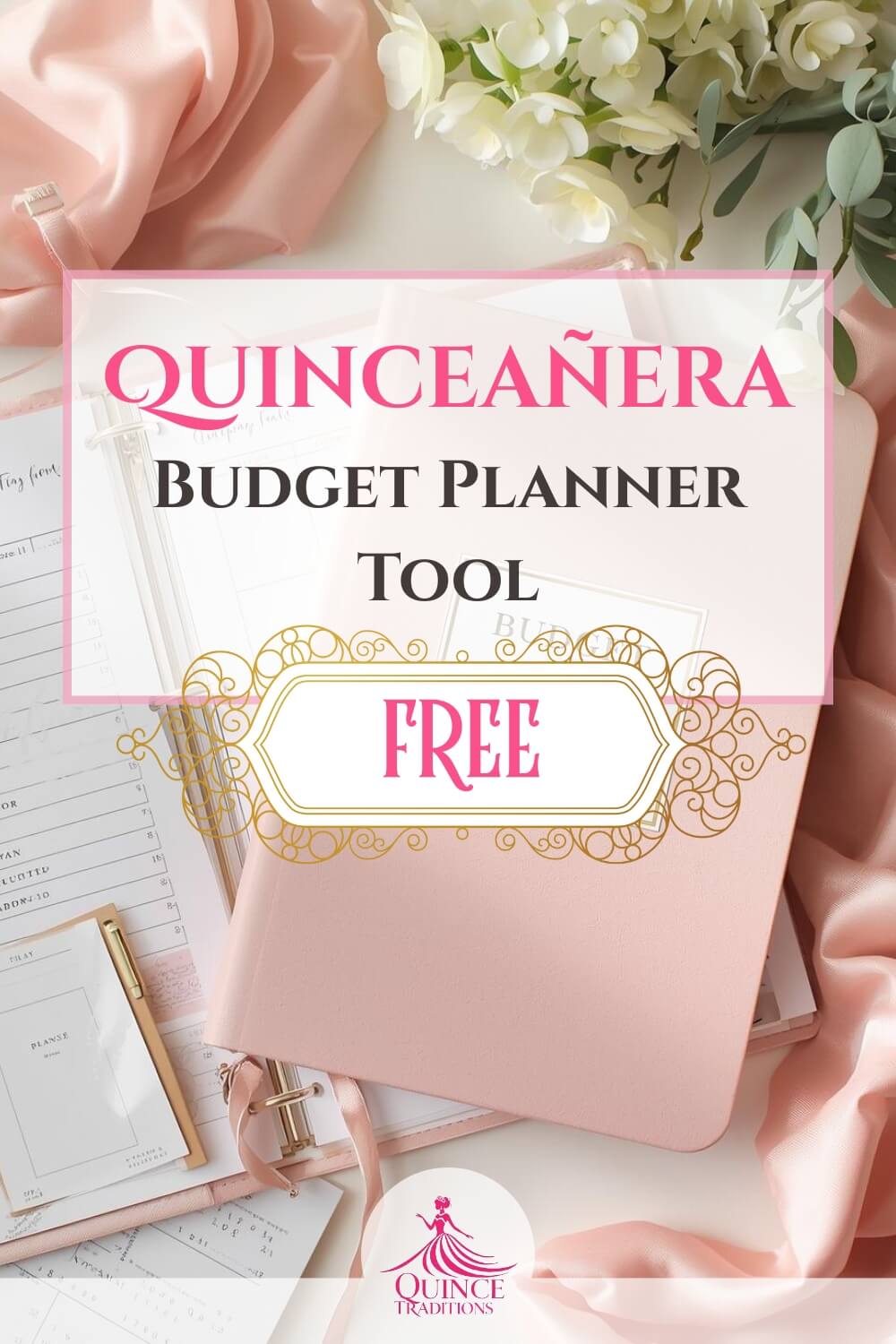 Free Quinceañera budget planner tool. Blush pink planner.