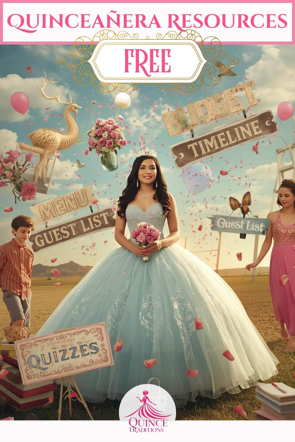 FREE Quinceañera Resources & Interactive Tools to Help Plan your Quince Años Quinceañera Free interactive resources and quizzes. Surreal Quinceañera standing next to signs that say, budget, timeline, guest list, menu, quizzes.
