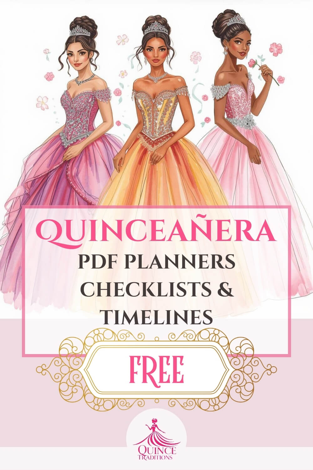 FREE Quinceañera Planners, Checklists, & Timelines. Quinceañera pdf free planners checklists timelines. 3 quinceañeras in watercolor posing.