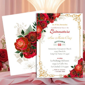 Quinceañera red roses invitation printable with gold frame